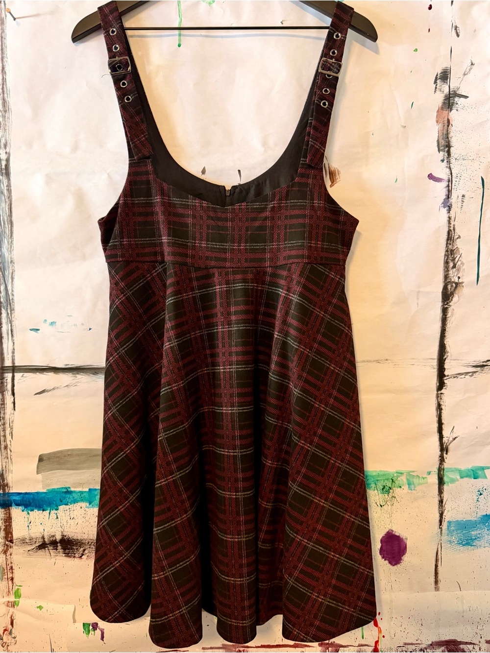 Midnight Hour Plaid Jumper Dress in Deep Burgundy and Black NWT